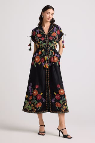 Chandrima Midnight Bloom Applique Midi Shirt Dress 