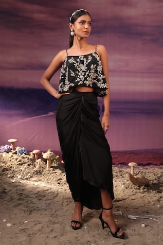 COUTURE BY NIHARIKA Floral Embroidered Cape Top & Draped Skirt Set 