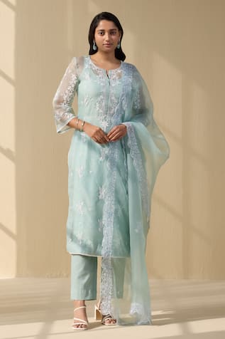 Meesa Lily Bloom Thread Embroidered Kurta Pant Set 