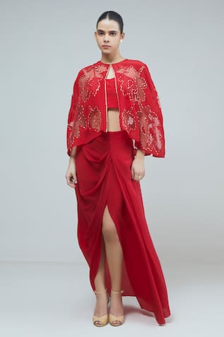 Studio Radical Mosaic Bloom Embroidered Cape Draped Skirt Set 