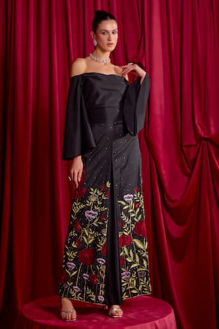 TYOHAR Off Shoulder Top With Floral Embroidered Skirt 