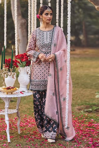 LASHKARAA Silk Embroidered Kurta Patiala Pant Set 