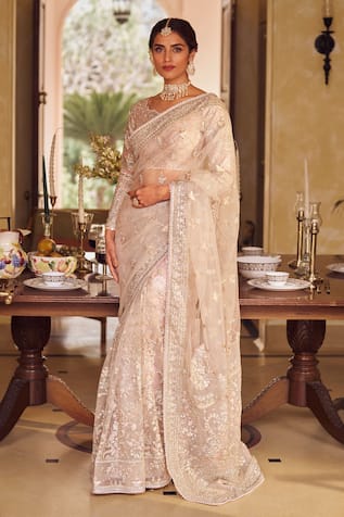 LASHKARAA Silk Zari Embroidered Pre-Draped Saree With Blouse 