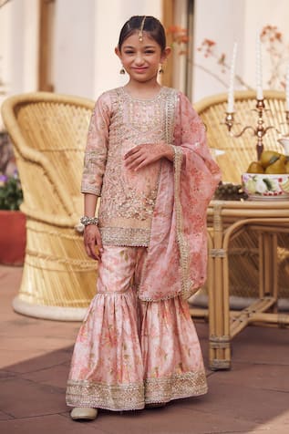 LASHKARAA Floral Embroidered Kurta Gharara Set 