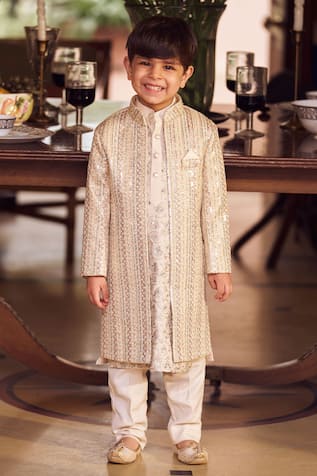 LASHKARAA Stripe Embroidered Sherwani & Kurta Set 