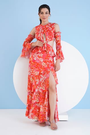 Mandira Wirk Resort Orchid Print Cold Shoulder Dress 