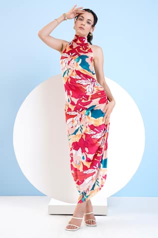 Mandira Wirk Resort Velvet Floral Print Asymmetric Dress 