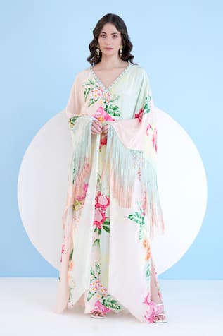 Mandira Wirk Tropical Mist Print Kaftan With Belt 