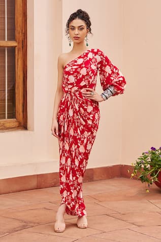 Chhavvi Aggarwal One Shoulder Printed Draped Dress 