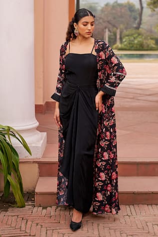 Chhavvi Aggarwal Floral Print Long Jacket With Draped Dress 
