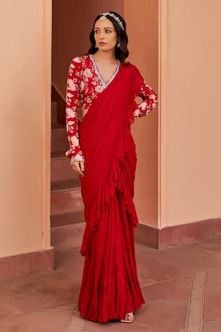 Chhavvi Aggarwal Solid Ruffle Pre-Draped Saree With Printed Blouse 