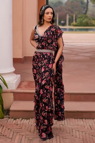 Chhavvi Aggarwal Floral Print Pre-Draped Ruffle Saree Set 