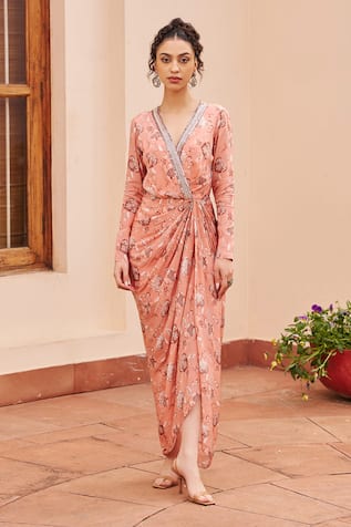 Chhavvi Aggarwal Floral Vine Print Draped Dress 