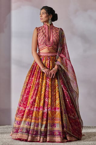 Tarun Tahiliani Phulkari Print Lehenga Embroidered Blouse Set 