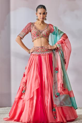 Tarun Tahiliani Layered Lehenga Embroidered Blouse Set 