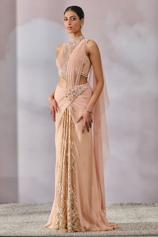 Tarun Tahiliani Pearl Embellished Draped Concept Saree With Blouse 