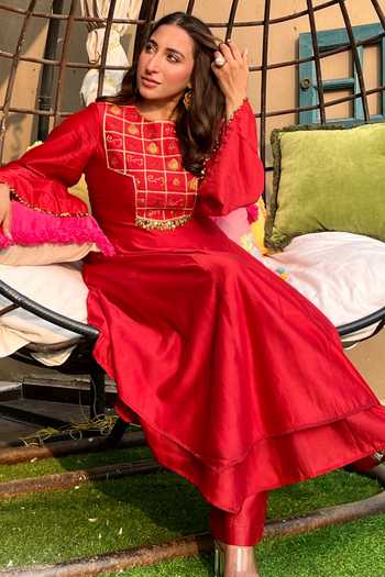 Leela By A Chanderi Sequin Embroidered Anarkali Palazzo Set 