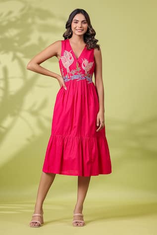 k-anshika Yoke Embroidered Cotton Dress With Belt 