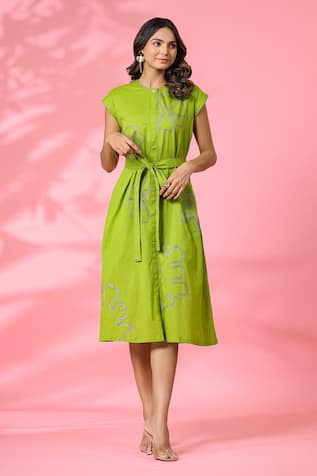 k-anshika Cotton Embroidered Dress With Belt 