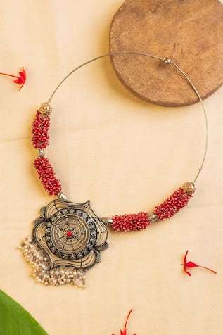 Coral Embellished Temple Necklace 