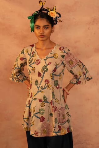 Aamra By Lavanya Bird Cage Kalamkari Hand Painted Kurta With Dhoti Pant 