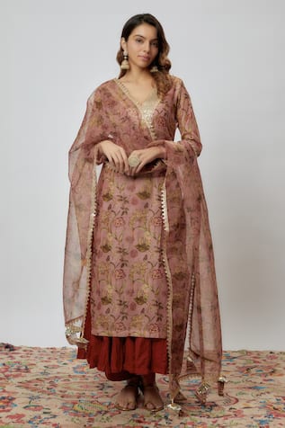 Yuvraani Jaipur Floral Print Chanderi Kurta Set 