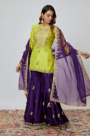 Yuvraani Jaipur Floral Embroidered Kurta Sharara Set 