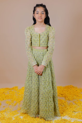 Swati Golyan Flower Handblock Print Lehenga & Crop Top Set 