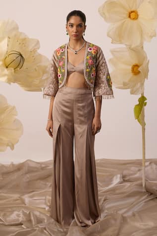 Roqa Bletilla Resham Bloom Embroidered Cape Sharara Pant Set 