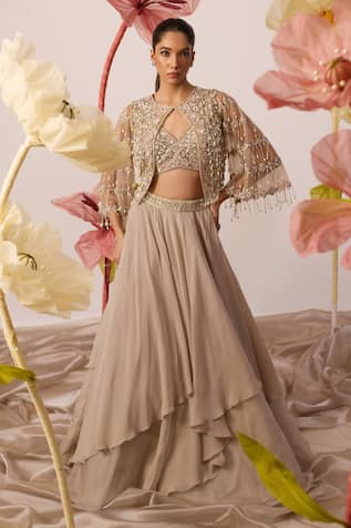 Roqa Cardinal Starburst Embroidered Cape Lehenga Set 