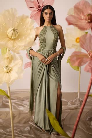 Roqa Peony Cutdana Embroidered Halter Neck Draped Gown With Stole 