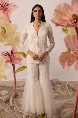 Roqa Verbena Pearl Embroidered Jacket With Sharara Pant 