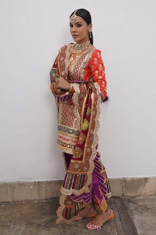 Mayyur Girotra Couture Silk Color Block Embroidered Kurta Pajama Pant Set 