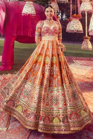 Mayyur Girotra Couture Floral & Peacock Motif Embroidered Lehenga With Blouse 