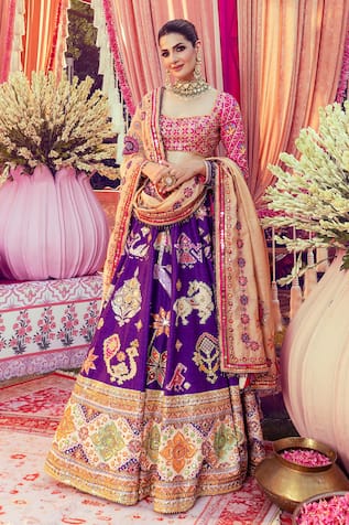 Mayyur Girotra Couture Silk Geometric Floral Embroidered Bridal Lehenga Set 