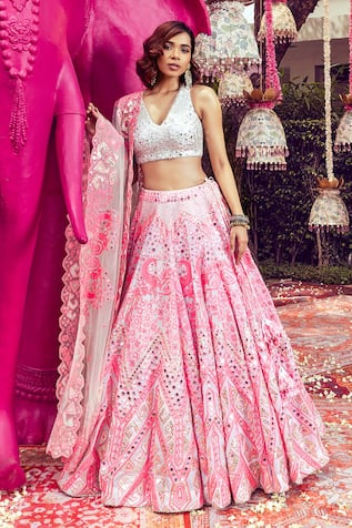 Mayyur Girotra Couture Peacock Thread Embroidered Bridal Lehenga Set 