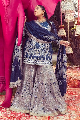 Mayyur Girotra Couture Chanderi Lotus Thread Embroidered Kurta Sharara Set 