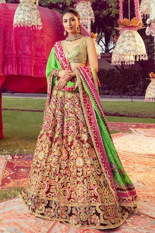 Mayyur Girotra Couture Silk Floral Bridal Lehenga Set 