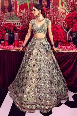 Mayyur Girotra Couture Floral Stripe Thread Embroidered Bridal Lehenga With Blouse 