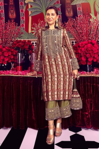 Mayyur Girotra Couture Silk Zardozi Embroidered Kurta With Mirrorwork Pant 