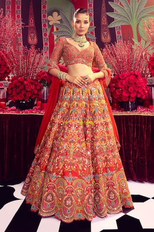 Mayyur Girotra Couture Floral Blossom Mirrorwork Embroidered Bridal Lehenga Set 