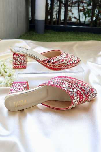 Tiesta Hot Pink Mirror Embroidered Block Heels 
