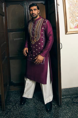 Mayyur Girotra Couture Floral Embroidered Silk Kurta & Pant Set 