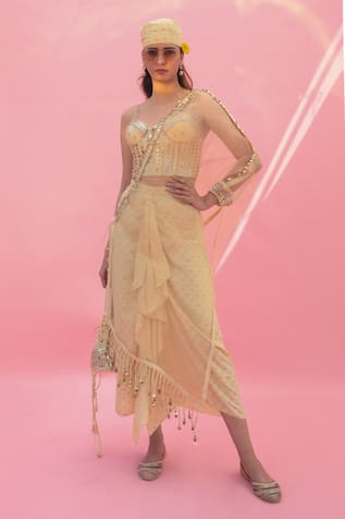 PRAHNAAYA Yami Sequin Embroidered Skirt Set With Cape 