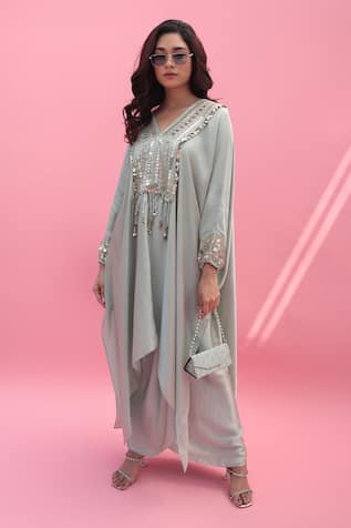 PRAHNAAYA Mish Sequin Embroidered Kaftan With Dhoti Wrap Skirt 