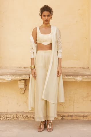 Paulmi and Harsh Flower Cutwork Embroidered Jacket Trouser Set 