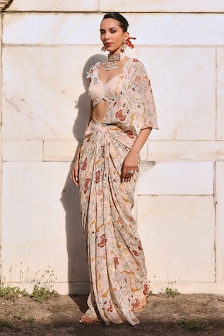 Seema Thukral Siya Floral Print Pre-Draped Saree With Blouse 