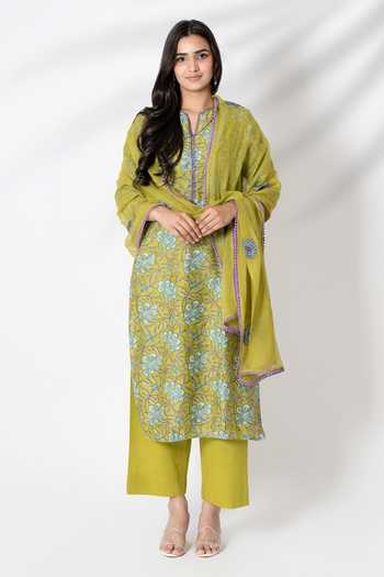 Kameez Chanderi Flower Print Kurta Pant Set 