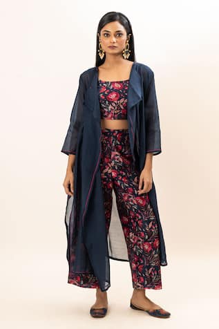 Oshi By Shikha Longline Jacket Floral Print Pant Set 