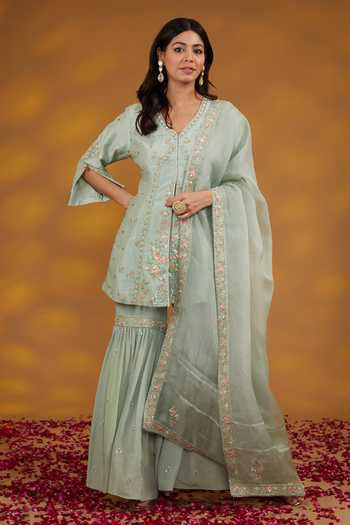 House Of Supriya Gardenia Zardozi Embroidered Kurta Sharara Set 